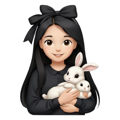a smiling young teenage girl with light tan skin, long black straight hair, brown eyes, black oversized shirt and holding a white baby bunny wearing a small black bow on its right part of the head sticker