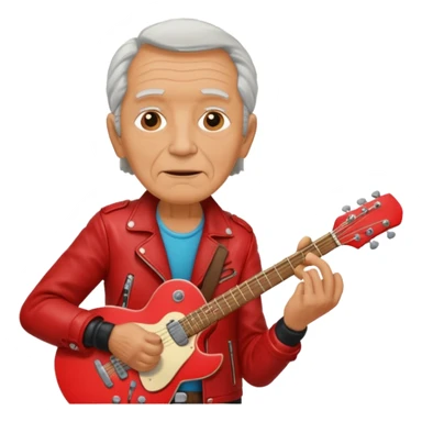 guitar rock player, elderly head, red jacket sticker