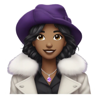 black hair,WHITE, long messy hairstyle, beret hat, purple eyes, smile, long black trench coat with white fur around the neck, purple crystal earrings, purple crystal necklace, black pants sticker