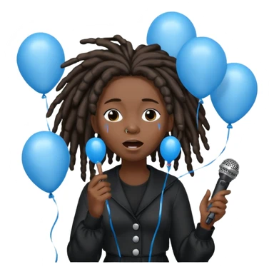 Black girl Stud with dreadlocks singing dressed in black crying 1,2,3 release em with white and blue balloons flying overhead emoji like with mic in hand  sticker