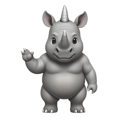 cinematic-rhino-full-body-standing-emoji,white horn, slate grey skin -massive-body-poised-powerfully,-thick-horn-curving-slightly-forward,-head-tilted-dramatically,-rough-grey-hide-covered-in-dust,-simplified-focused-features, large cute black eyes sticker