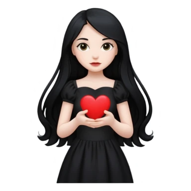 Pale girl with long black hair and black dress with holding black heart sticker