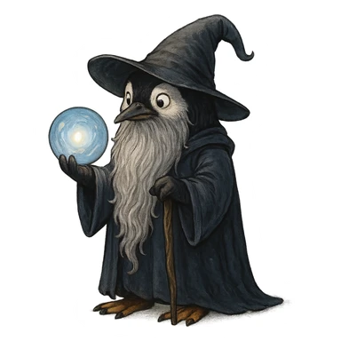 a penguin wizard with a long beard, holding a glowing orb sticker