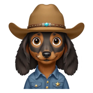 mostly black with some brown long hair daschund with a cowboy hat sticker