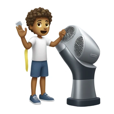 boy using hair dryer to dry sail of boat sticker