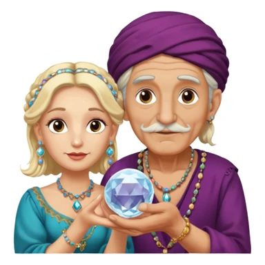Elderly cleanshaven male gypsy with earrings and blonde female gypsy holding a crystal ball sticker