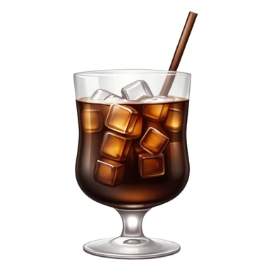Create a realistic emoji-style illustration of a glass of Fernet with Coca-Cola. The glass should be filled with a dark brown liquid and a few ice cubes, with bubbles indicating carbonation. Add a subtle shine to the glass to make it look refreshing. sticker