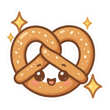 chibi sticker-style pretzel with sparkles, cute and exaggerated sticker
