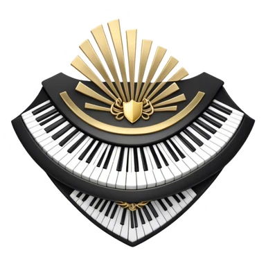 Create an elegant and festive emoji collage representing keyboard instruments, styled like a heraldic emblem. The design should feature a central focal point of black and white piano keys, arranged in a semi-circular or shield-like shape. Around the piano keys, add intertwining musical notes that form flowing ribbons, creating a dynamic and celebratory atmosphere. The design should be professional, with polished silver and gold accents on the keys and notes, highlighting the luxury and sophistication of the instruments. Add subtle shading and lighting effects to give the design a refined, 3D appearance. The background should remain transparent, and the overall feel should evoke grandeur, artistry, and a sense of celebration. sticker