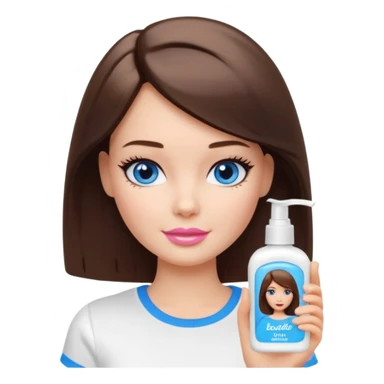 Barbie girl with makeup, blue eyes , and bob long haircut, short brown hair in white T-shirt, face Wash Cream sticker