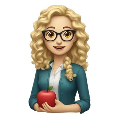 Woman teacher blonde long curly hair glasses brown eyes holding a tiny bridge toy sticker