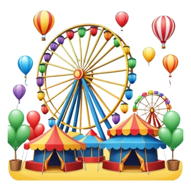 A vibrant festival scene with colorful tents, balloons, and a Ferris wheel sticker
