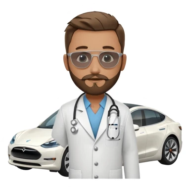 White tesla model 3 and one cool physician with dark blond hair, beard, stetoscope and dark sunglasses next to it sticker