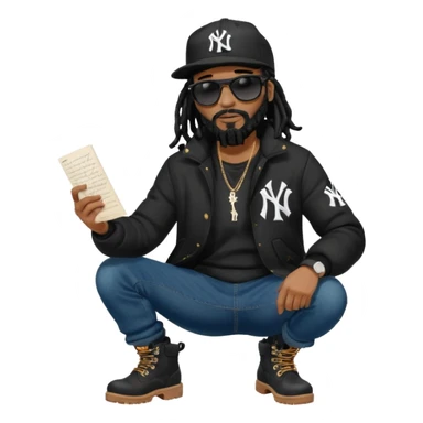 African American man with shoulder length black dreadlocks with black beard wearing black sunglasses wearing a black New York Yankees logo baseball cap wearing a black bubble winter coat with denim skinny jeans and wheat timberland boots writing a letter sticker