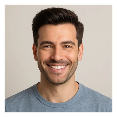 a man with a full head of hair, smiling and radiating confidence after a hair transplant, semi-realistic style sticker