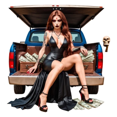 Lilith symbol red eye seductress evil long brown haired sexy succubus woman with leather long dress with slit, sitting in Big Large F350 pickup truck. Black Platform high heels on feet. Tattoo sleeve arms, seat full of stacks of cash, and a man dead human skull of her enemies and a gun in other hand sticker