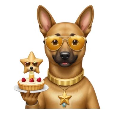 malinois dog wearing star sunglasses, holding a flan dessert with a SaintéLyon medal around the flan's neck, emoji style sticker