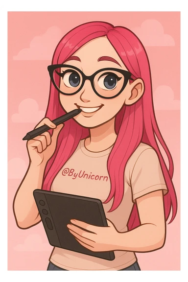 девушка с референса в рисованном милом стиле, у девушки розовые длинные прямые волосы, большие выразительные голубые глаза, черные очки для зрения формы кошачий глаз, нос чуть с горбинкой, девушка улыбается а в зубах прикусывает перо от графического планшета, которое она держит в руке, а в другой руке держит сам планшет 
одета девушка в светло-бежевую облегающую футболку с вышивкой розовым цветом @ByUnicorn, фон градиентный розовый, можно добавить пушистые облака sticker