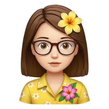 female with white skin. Shoulder length straight brown hair. Brown eyes with glasses. Hawaiian Flower in hair. Female wearing baby yellow shirt. sticker
