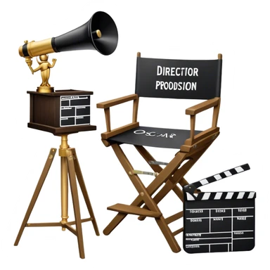 Icon for Directing: professional collage with director's chair, a film slate, a megaphone, a stack of script papers and an Oscar statuette. The icon should represent the creative and leadership aspects of directing, with focus on film and theater production. Transparent background. sticker