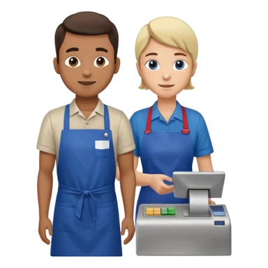 Supermarket employee at a cash register, full body, serving a man sticker