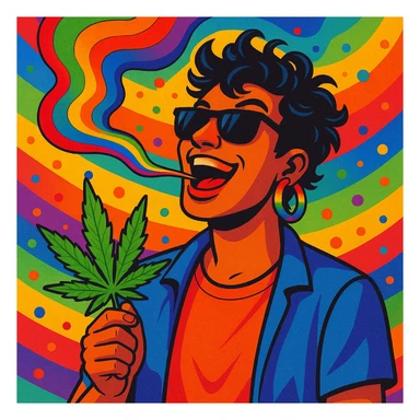 A cool man with rainbow earrings, blowing smoke shaped like a rainbow, holding a weed leaf, energetic and fun, LGBTQ+ pride theme sticker