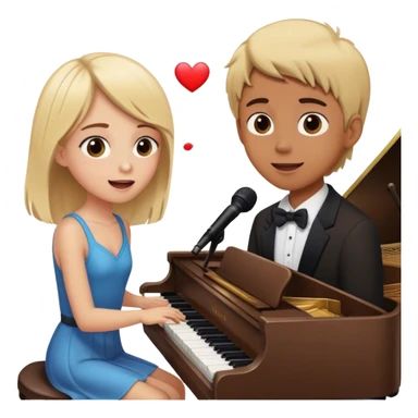 Blond girl playing piano and singing while brown haired boy has heart eyes sticker