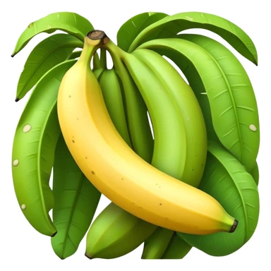 Cinematic Realistic Banana Emoji, Bright and cheerful, with a smooth, yellow peel slightly speckled with spots, revealing a soft, sweet interior. The banana is curved elegantly, standing out against the soft green leaves. Soft glowing outline, capturing the essence of tropical sweetness and energy in a ripe banana. sticker