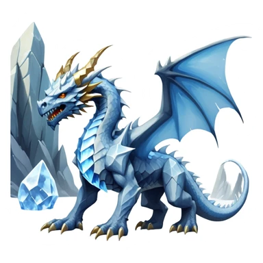 This extraordinary hybrid creature combines the elemental power of an ice dragon with the raw physical might of a stone golem. Its core body resembles a cluster of angular, faceted stones that have been infused with magical ice energy. The creature's head features a draconic shape with curved horns and piercing amber-gold eyes, but parts of its face retain the jagged stone texture. Blue-white energy flows between the gray rock segments, creating glowing lines throughout its body. The creature has developed partial wings made of crystalline ice formations extending from its rocky frame, and its tail alternates between stone segments and ice spikes. Sharp teeth line its mouth, some appearing as polished stone, others as ice crystals. Frost continuously emanates from its body, and when it moves, it creates a distinctive sound of grinding stone and crackling ice. full body sticker