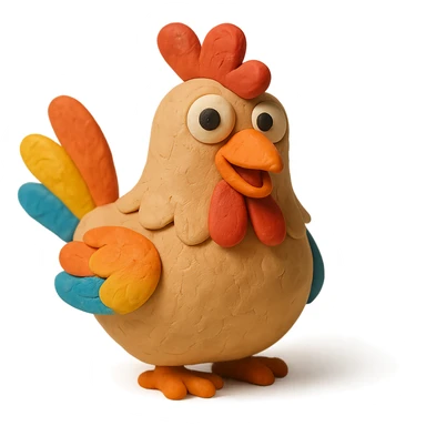 hen with colorful feathers and playful expression in claymation style sticker