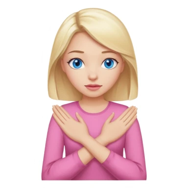 A girl with blue eyes, full lips and blonde hair in a pink blouse shows no with her hands, crossing them sticker