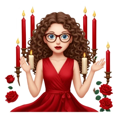a blue eyed woman with very long brunette curly hair, full lips,and really pale skin. She is wearing a leopard printed thin round-ish glasses . She is wearing fully plain silky red dress. She is flying on the air. There are candles and sculptures and red roses all around her. She is making a magic. sticker