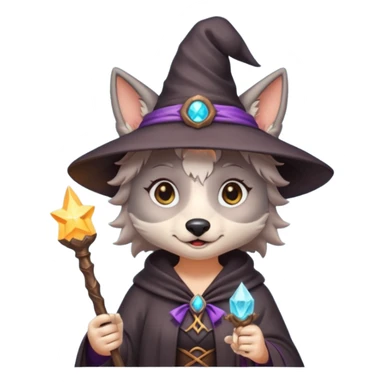 cute wolf witch emoji, holding a magic wand sticker