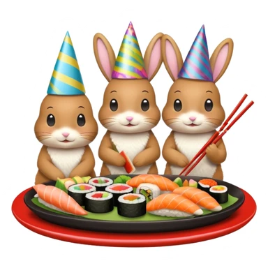four bunnies together eating sushi at a birthday party, all four bunnies clearly visible, vibrant, sushi platters, birthday banner, party hats, festive, different poses, emoji style sticker