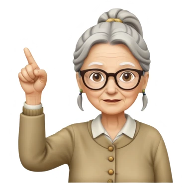 old woman with pony tail and glasses pointing sticker