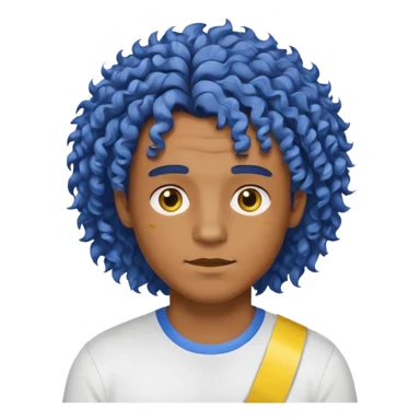 Make me an emoji that has a guy with a white shirt and yellow tape around the shirt with brown and blue spots hair make the hair curly make the yellow tape go around it sticker
