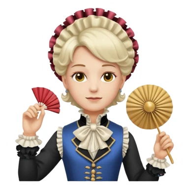 An emoji portrait of a French aristocrat. He wears a powdered wig and a silk waistcoat with a ruffled jabot. His expression is poised and refined, and he holds a fan. sticker