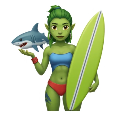 orc female holds a little surfboard with a shark painted vertically in his hands sticker