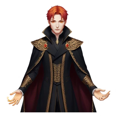 A tall and strikingly elegant High Fae male with fiery red hair, his golden eyes gleaming with cunning intelligence. He wears a luxurious black coat trimmed with copper embroidery, the fabric lined with fine gold stitching. His posture is relaxed yet calculated, his expression unreadable—except for the ghost of an arrogant smirk playing at his lips sticker