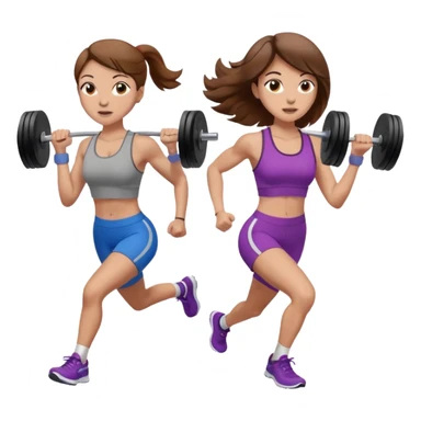 two women. only one is running. the other is only lifting weights. brown hair, light skin, hazel eyes. sticker