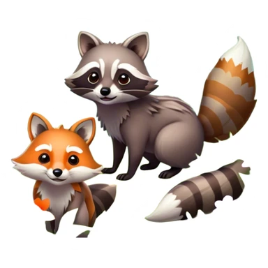 raccoon and a fox among a colorful forest with vibrant green trees, bushes and flowers. The animals are in the foreground, surrounded by a lush, bright forest, with soft sunlight filtering through the leaves. A playful photo-realistic and wild scene with a transparent background. sticker