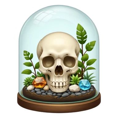 A terrarium glass dome with an animal skull inside, shiny pebbles and crystal inside. And plants inside  sticker