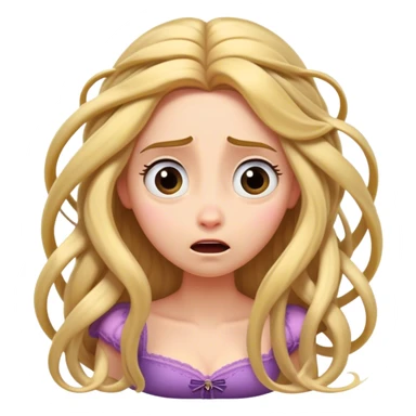 Cinematic Funny Rapunzel Portrait Emoji, Looking exhausted while tangled in her own hair, a dramatic sigh, eyes rolling with humorous exasperation, a hilariously relatable moment for the long-haired princess! sticker