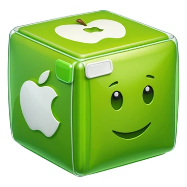large cube-shaped box wrapped in bright green plastic with white labels, apple style emoji, inspired by reference photo sticker