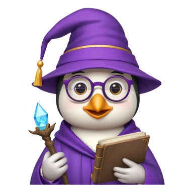 cute penguin wizard holding an open spellbook, wearing glasses and a purple hat, emoji style sticker