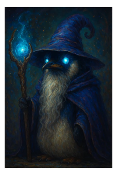 fantasy illustration of a penguin wizard with a long beard, mystical staff, and glowing eyes sticker