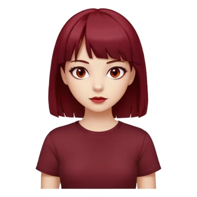 beautiful girl with dark maroon and red medium hair, straight bangs and red bando, red eyes, brown long tshirt, white skin sticker