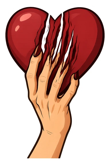 женская рука с маникюром вгоняет когти в винного цвета сердце и сильно раздирает царапает его (пальцы полусогнуты ногти вогнаны в царапины) рисованный стиль, ориентируйся на референсы по стилю и по уровню разодранности серца sticker