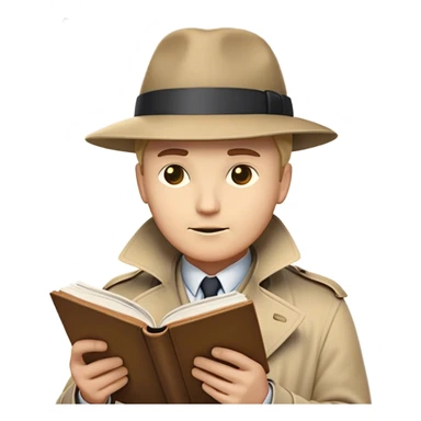A detective emoji, wearing a classic trench coat and hat, intently reading a person human book. Above their head, a glowing lightbulb represents a sudden realization—symbolizing research, curiosity, and critical thinking. The book’s cover subtly features the silhouette of a person  sticker