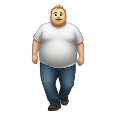 fat man on an escalator upstairs from behind sticker